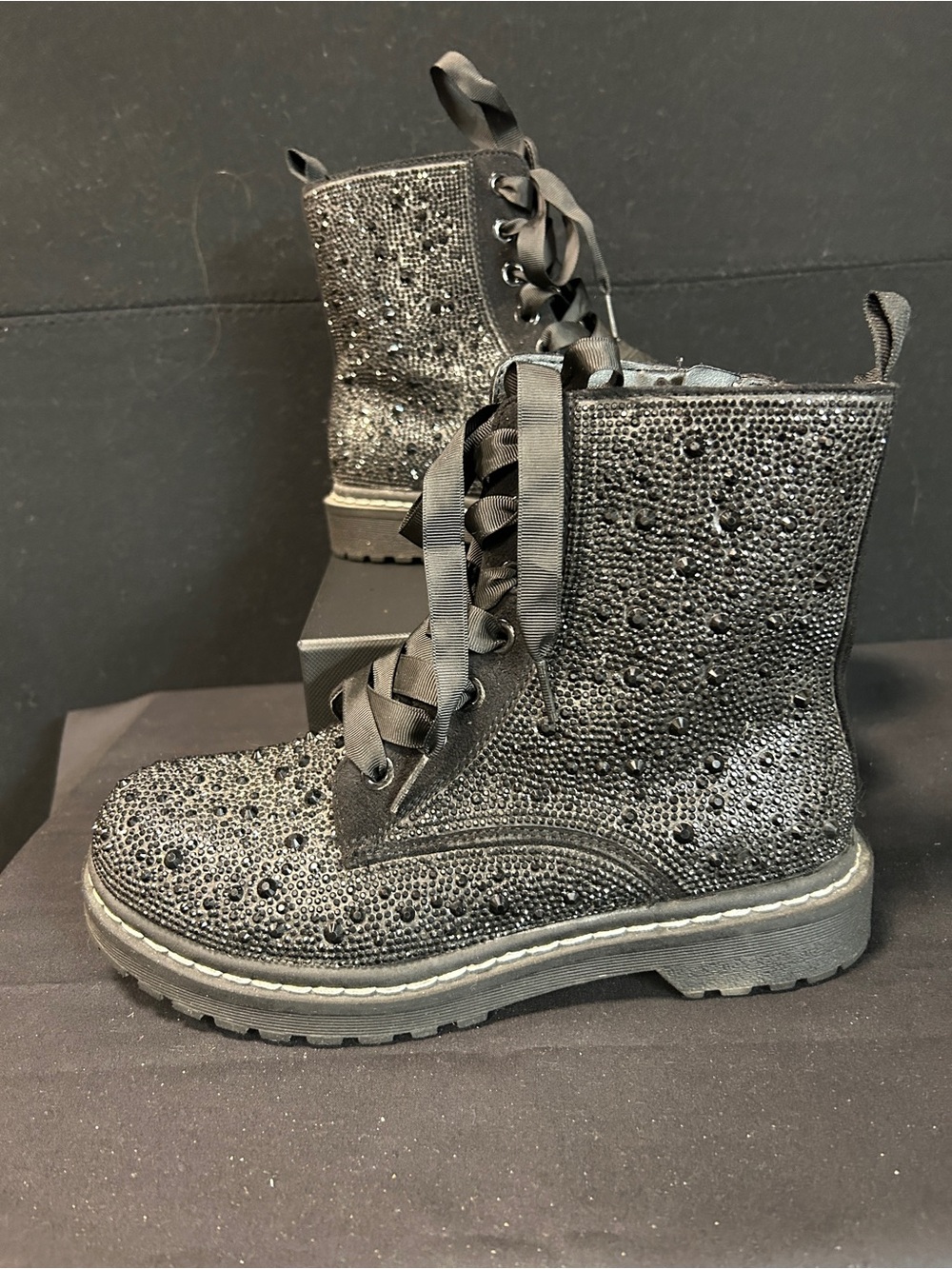 Torrid Black Crystal-Embellished Ribbon Lace Combat Boots